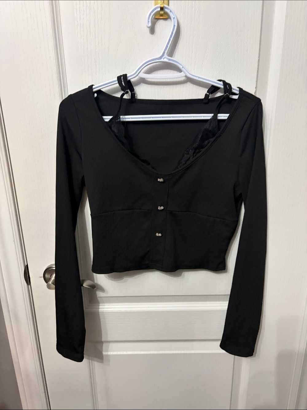 Black Long-Sleeve Cropped Cardigan with Lace Trim - Women Tops